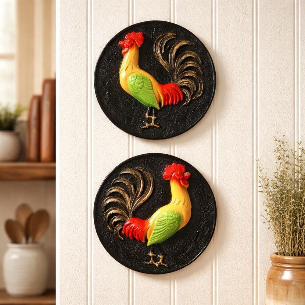Vintage NEW Chalkware Roosters 1977 Miller Studio Kitchen Wall Plaques Black